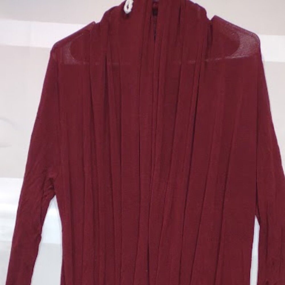 JOAN VASS CRANBERRY SHEER COWLED OPEN FRONT OVERSIZED VERY LONG SWEATER SIZE S